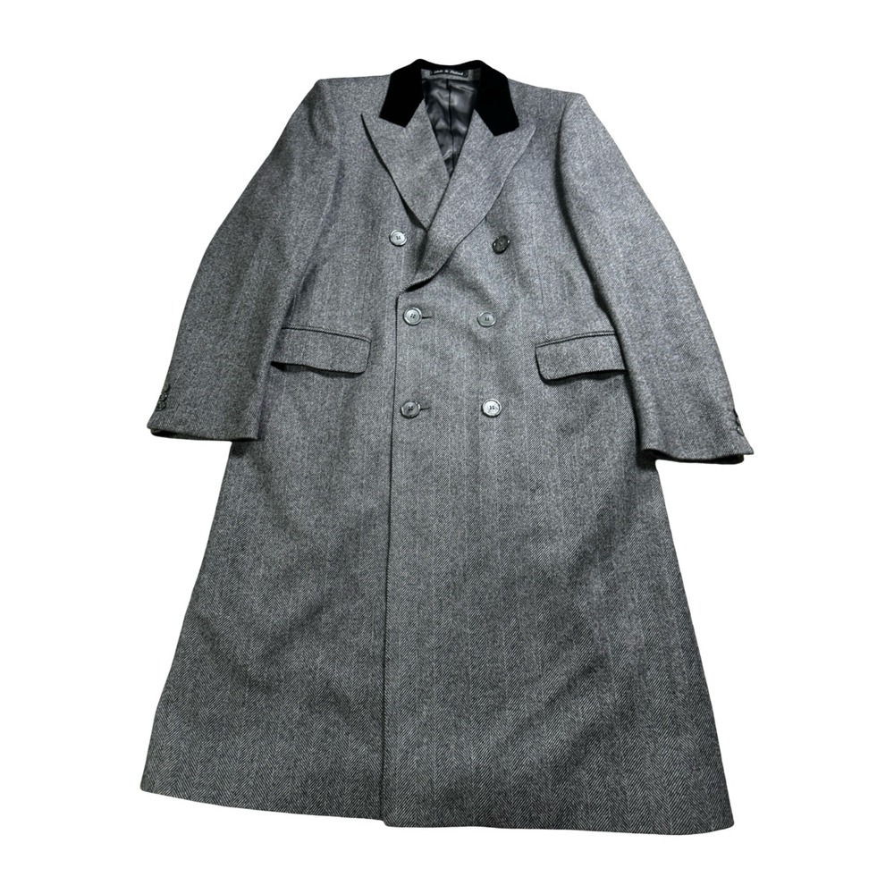 Harrods Berwin Overcoat Mens 40 Reg Grey 100% Wool Herringbone Velvet Collar